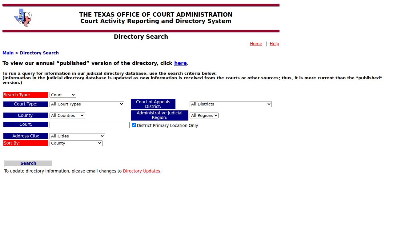 Delta County docket search fields in the Texas Judicial Directory